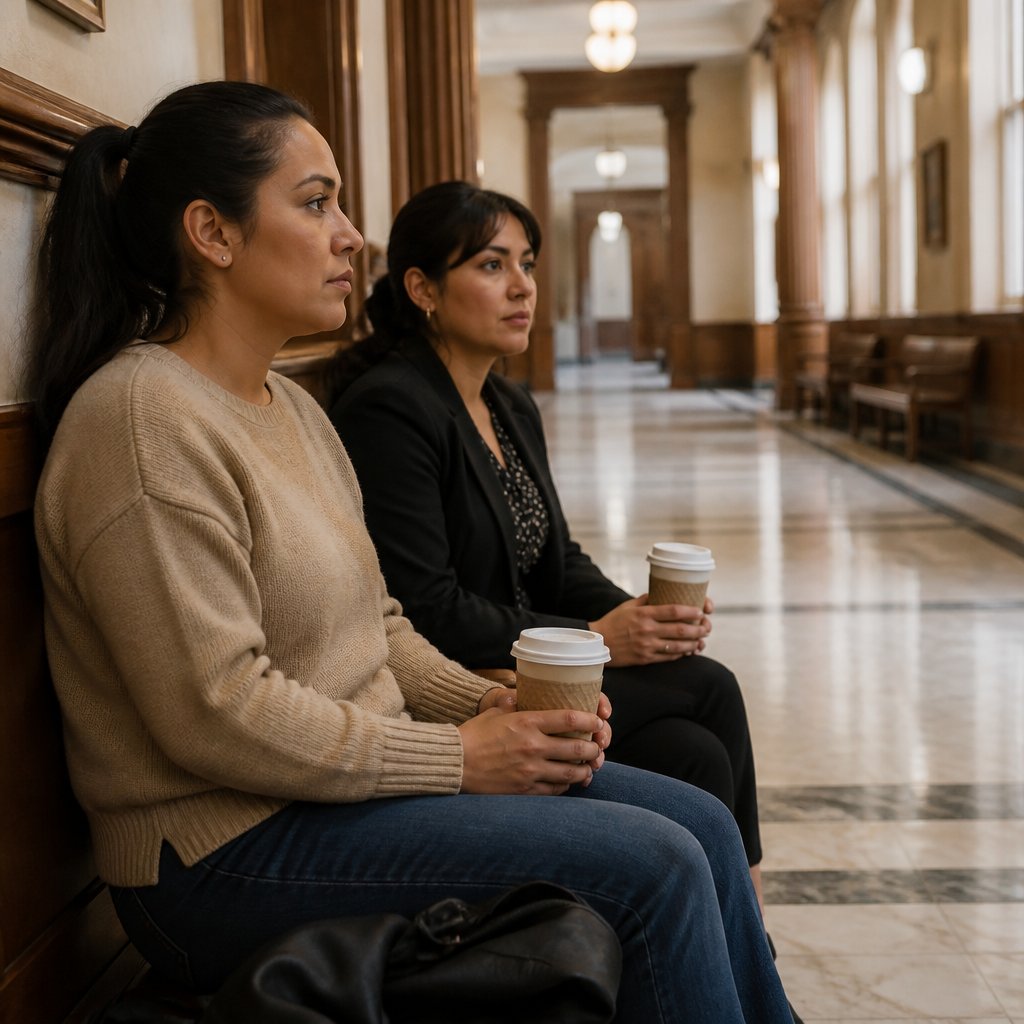 Plaintiff and her lawyer waiting on a courthouse bench with coffee during jury deliberation