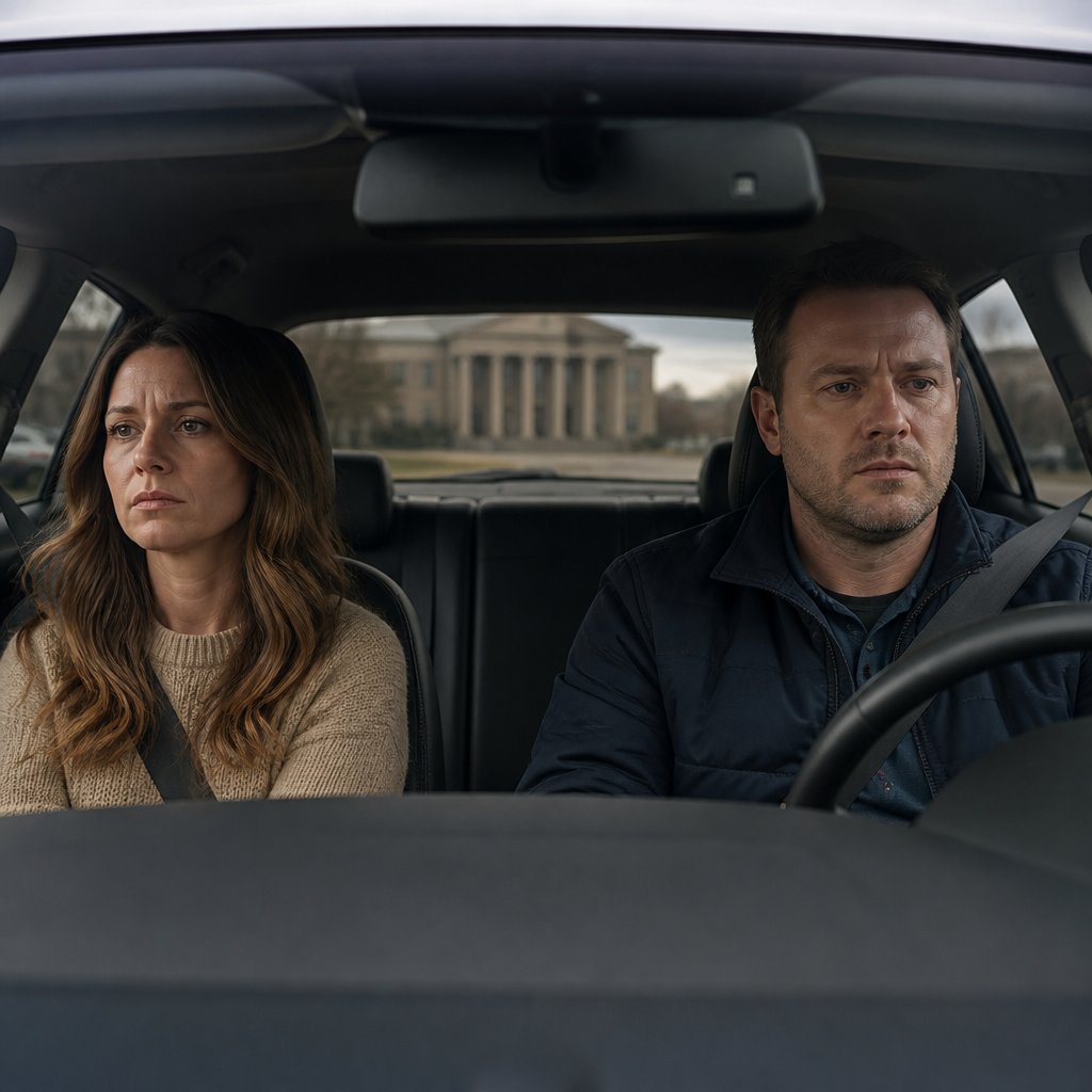 Couple sitting silently in car outside courthouse with exhaustion and quiet defeat