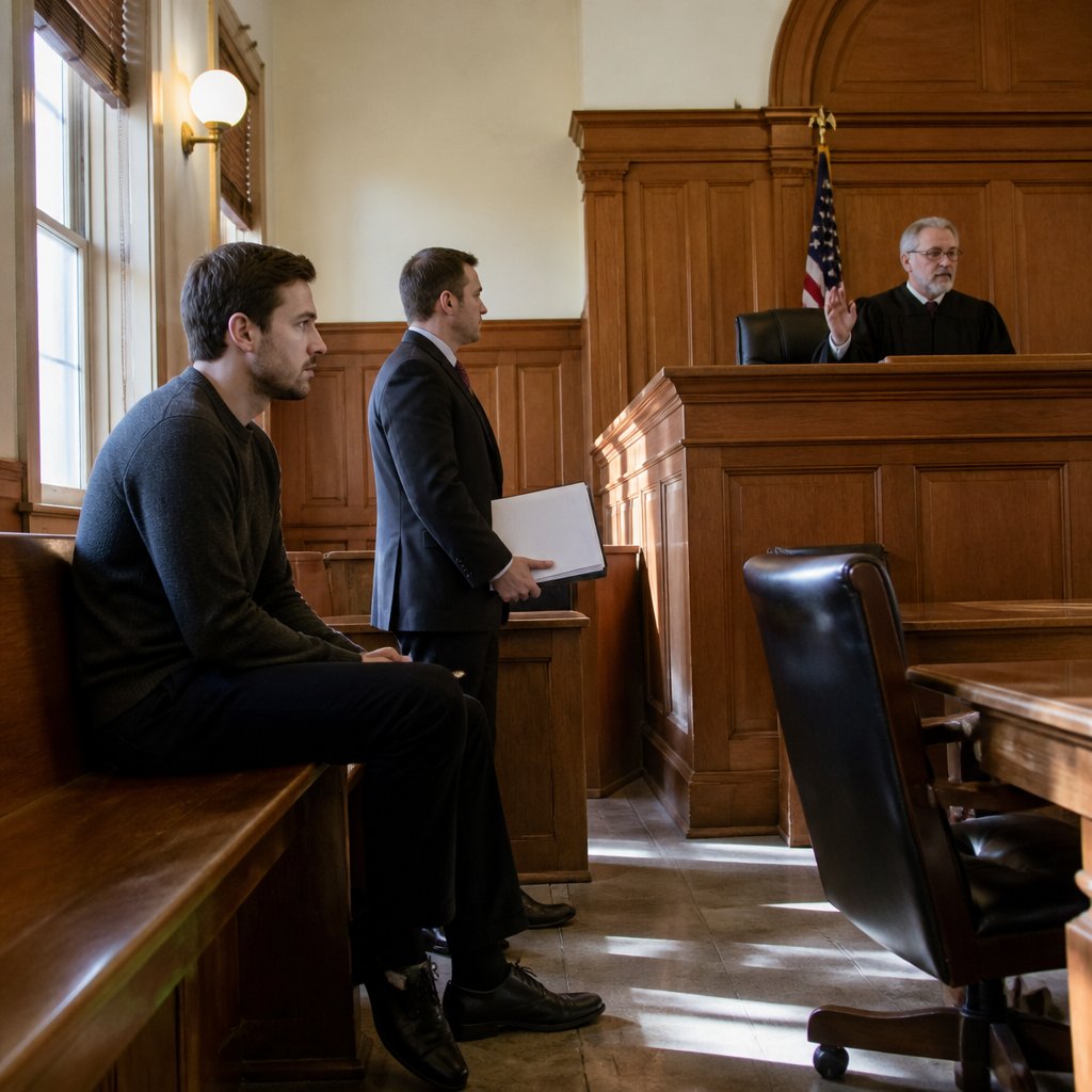 Defendant seated before judge as courtroom awaits closing arguments.