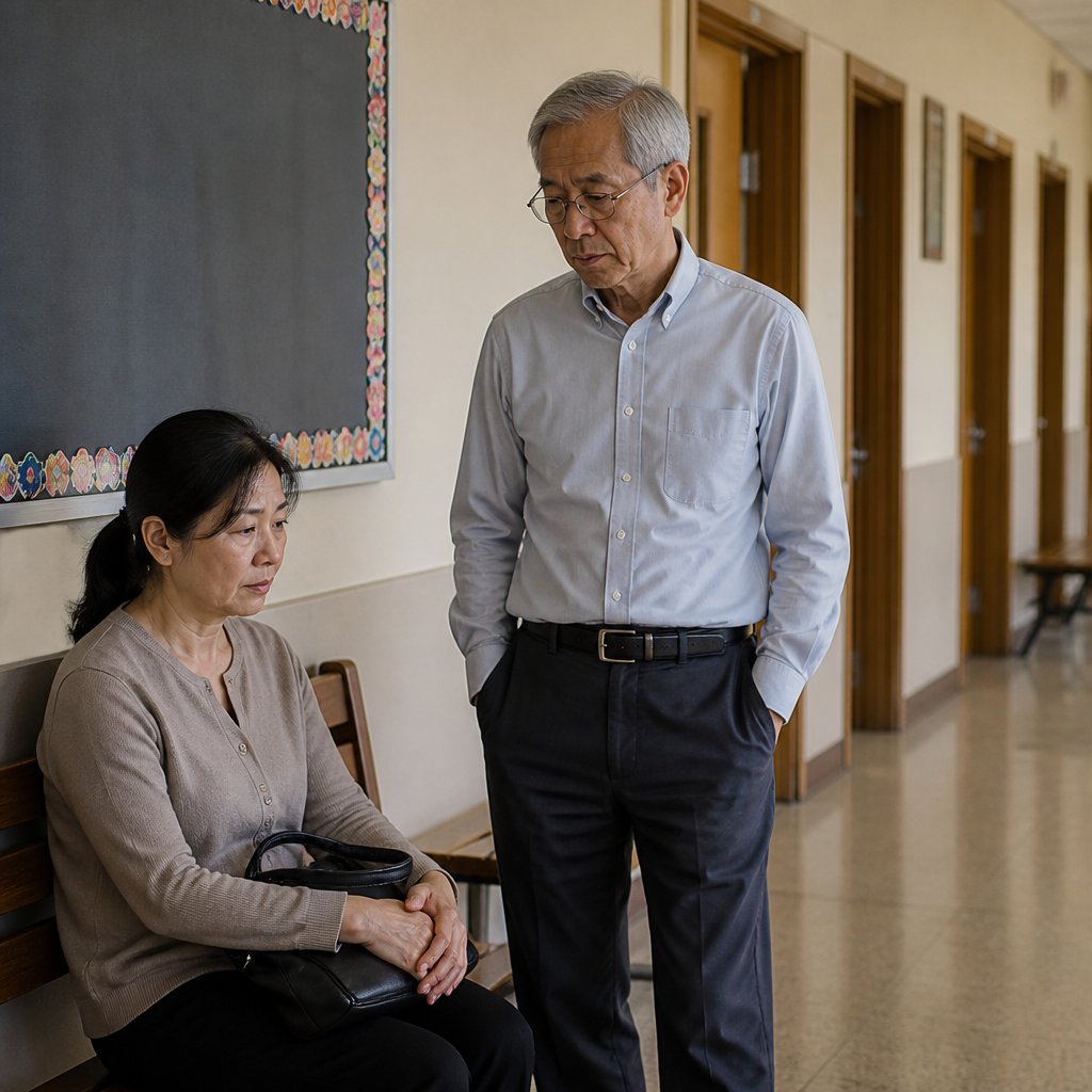 Worried woman and older man wait in school hallway before meeting