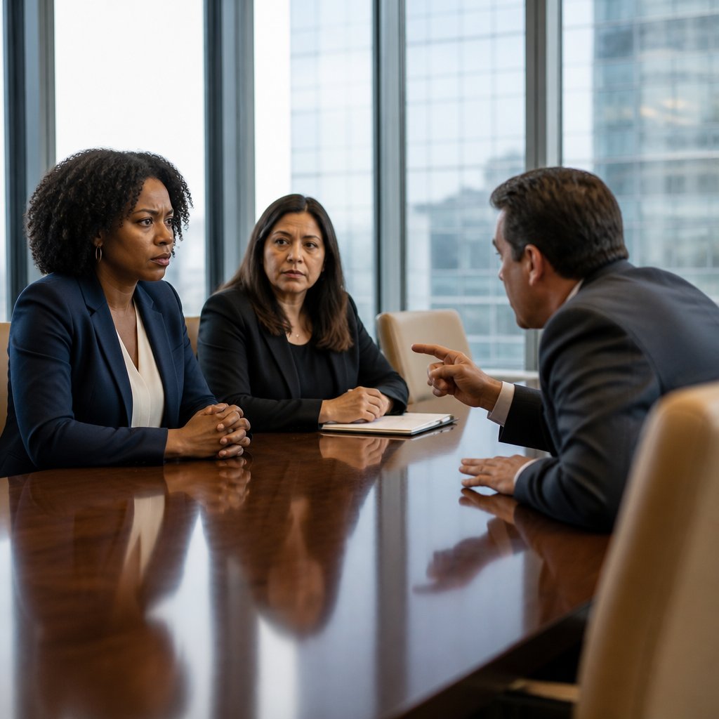 Woman being deposed in a corporate conference room with lawyers on both sides
