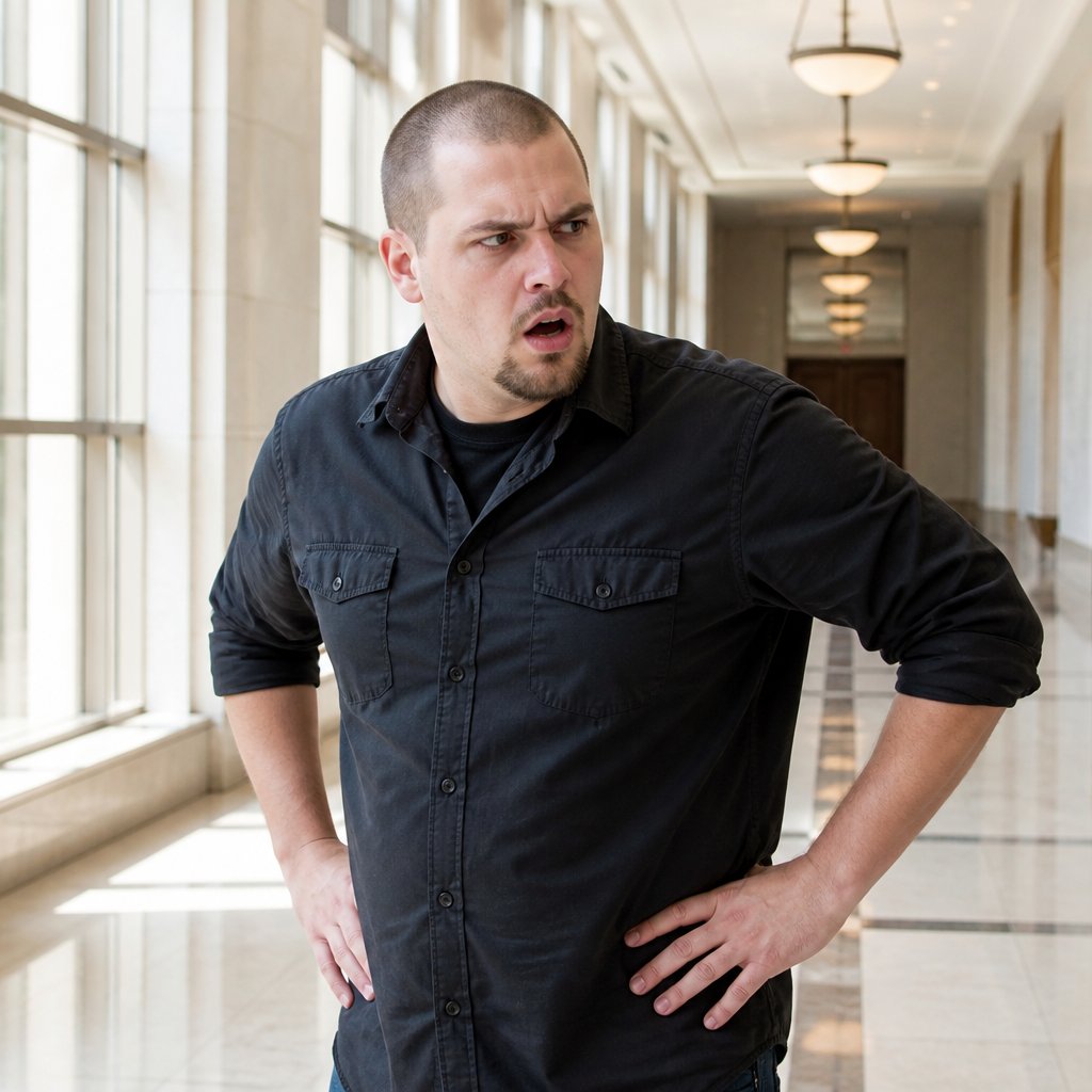 Man standing alone in courthouse hallway looking stunned and angry after sanctions