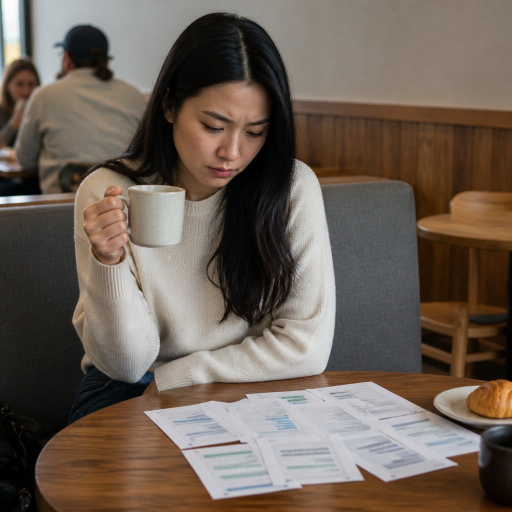 Woman reviewing printed text messages in café with worried look