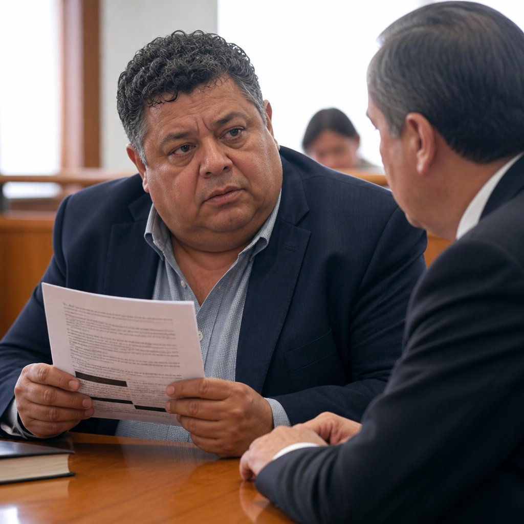 Man reviewing redacted work order in courtroom with attorney