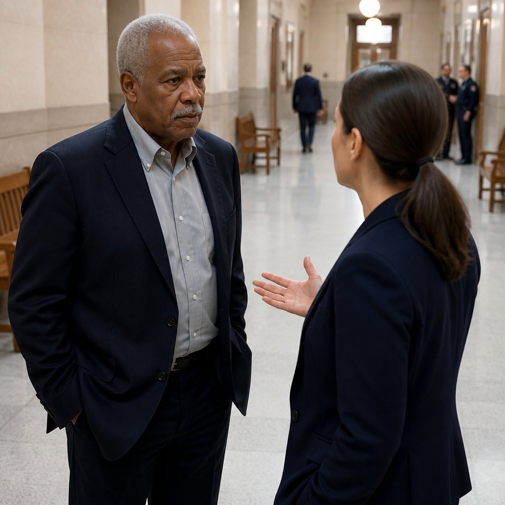 Man and woman talking tensely in courthouse hallway, worried and confident expressions