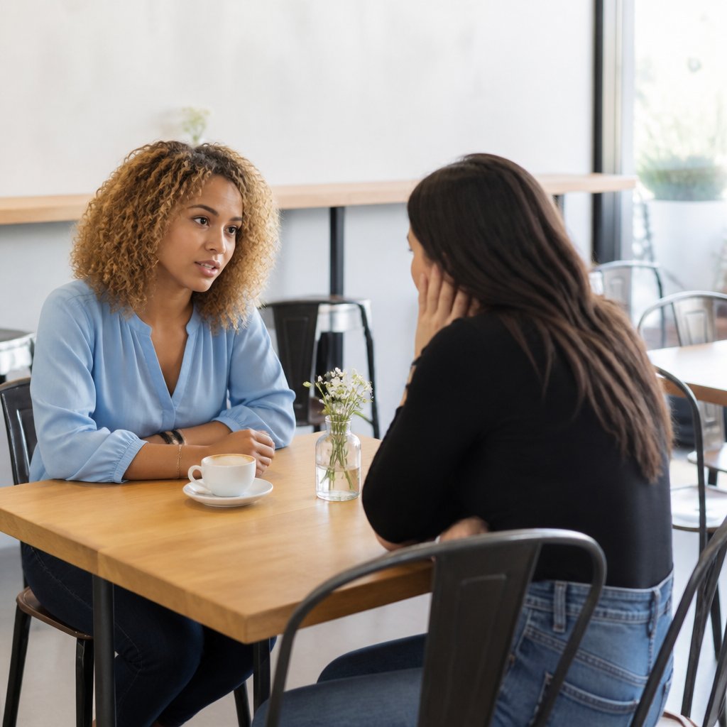 Woman interviewing former sonographer in coffee shop, both focused and tense