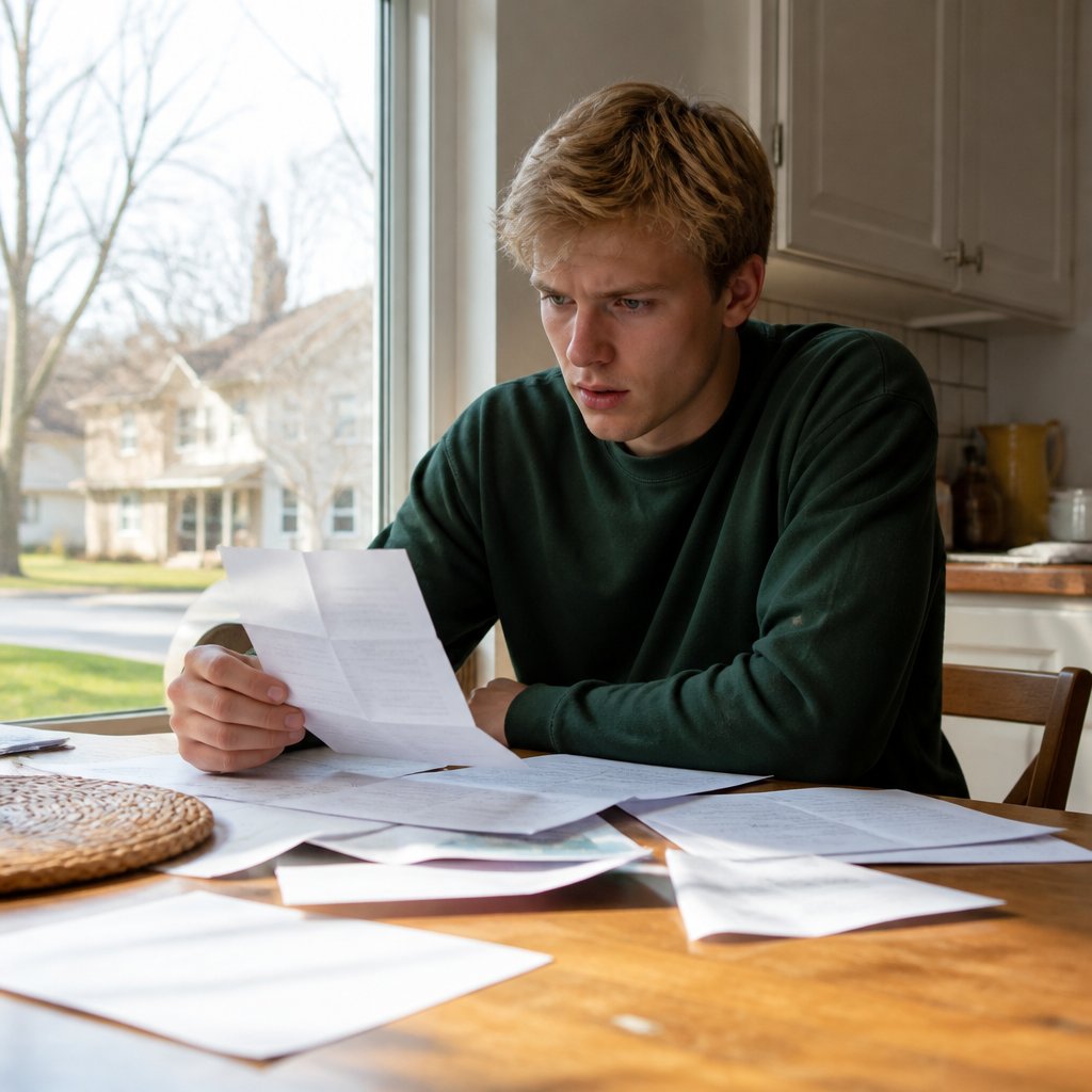 Young man studying legal papers at dining table looking concerned