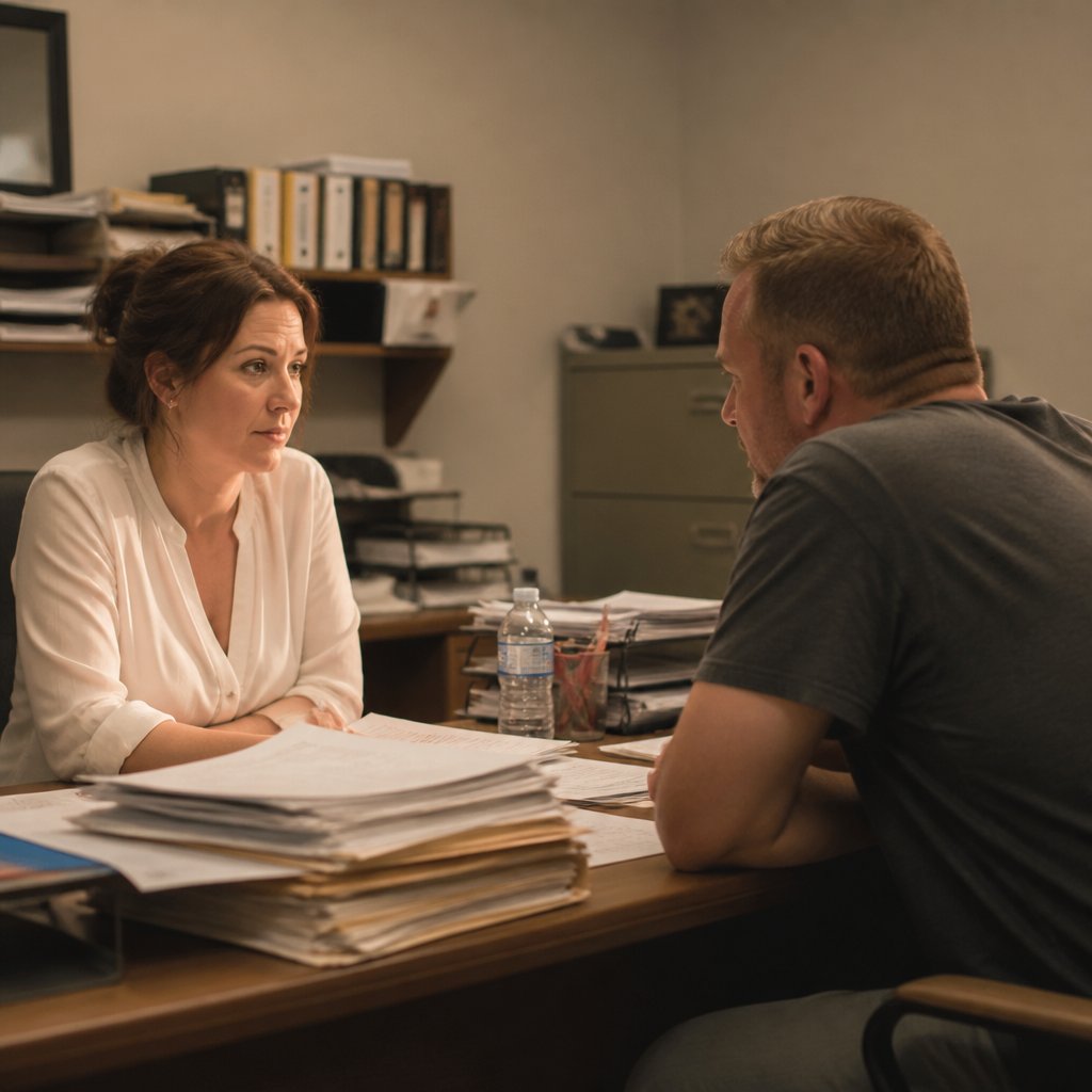 Man in HR office facing calm HR representative amid paperwork