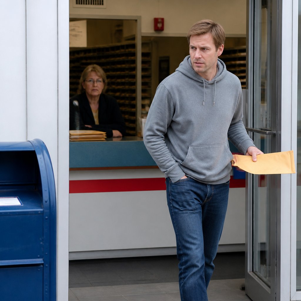Man refusing to accept legal letter at post office as woman watches