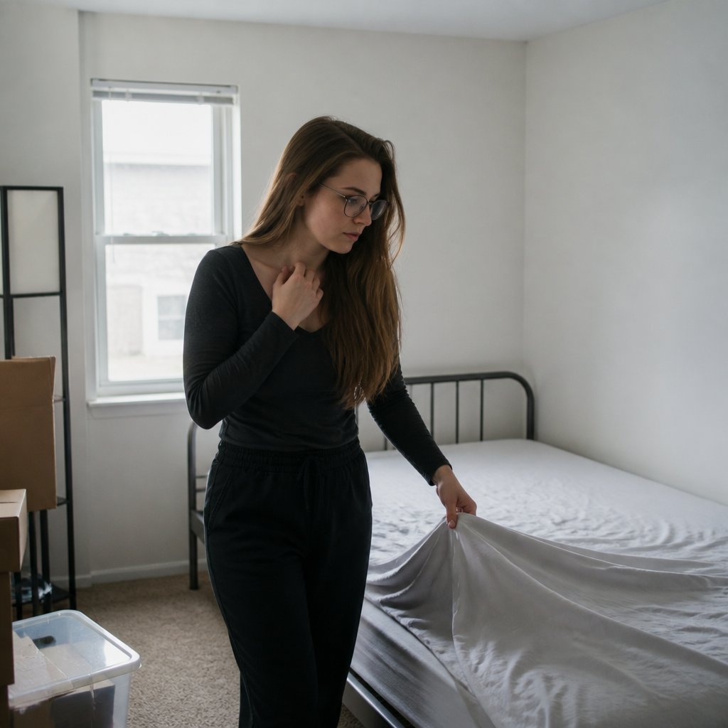Woman making her bed in a sparse new apartment, touching her collarbone with a bittersweet expression