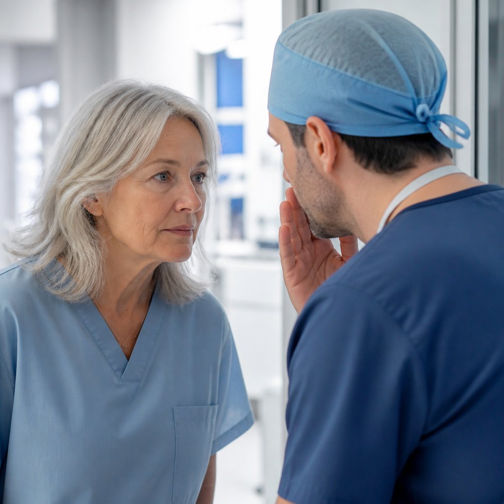 Surgeon privately confiding concerns to nurse in hospital hallway.
