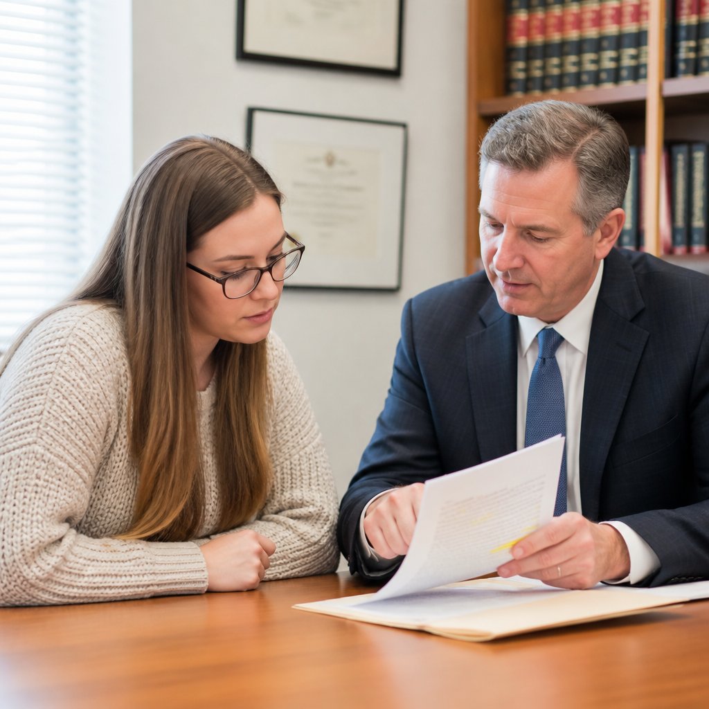 Woman and attorney reviewing hospital records in legal office.