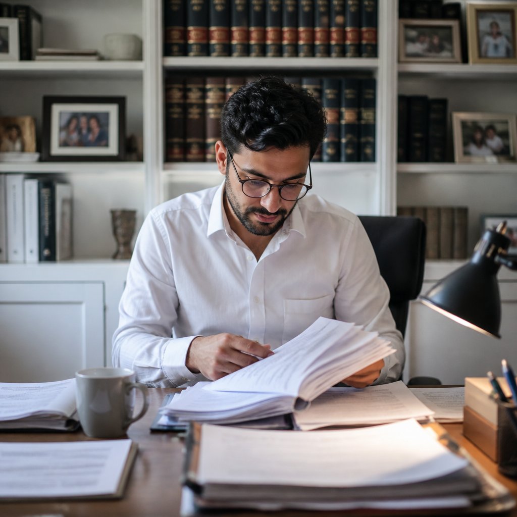 Man reviewing legal documents in home office late at night.