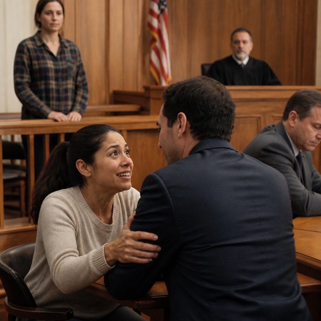 Plaintiff grabbing her lawyer's arm in relief at verdict while defendant stares at table
