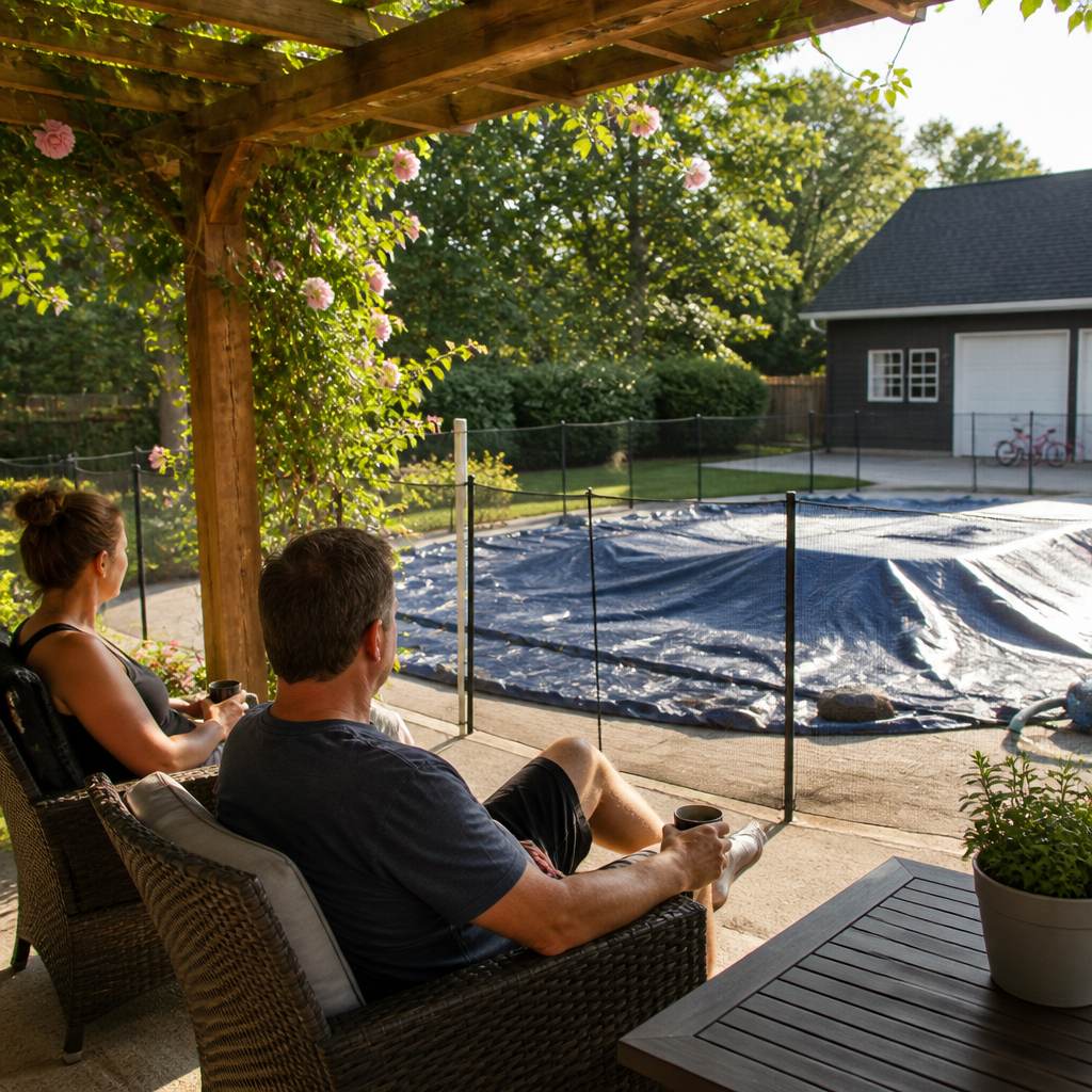 Couple sitting under their pergola looking at the tarp-covered failed pool with weary acceptance