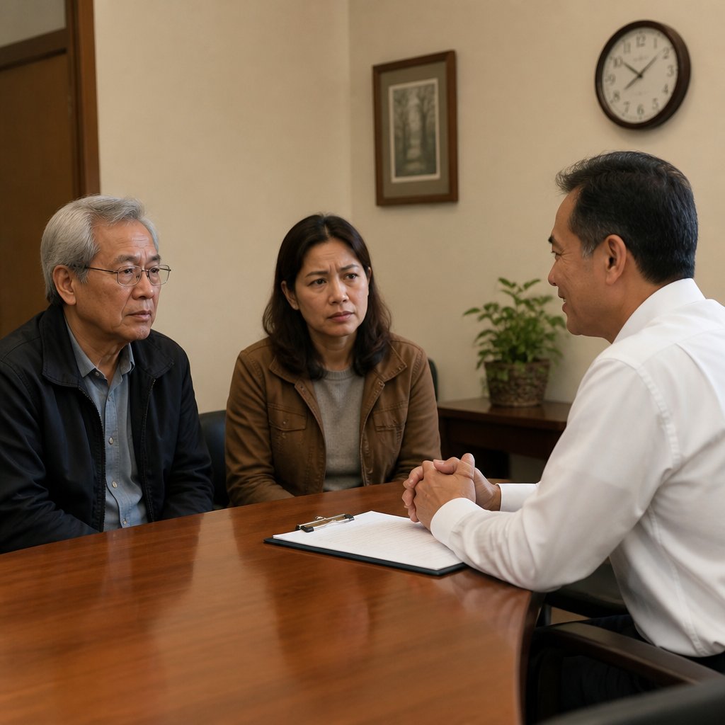 Custody evaluation meeting with tense woman, confident man, and evaluator