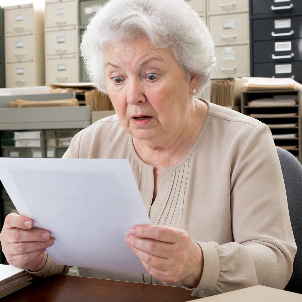Older woman in records room shocked to see forged signature on paperwork