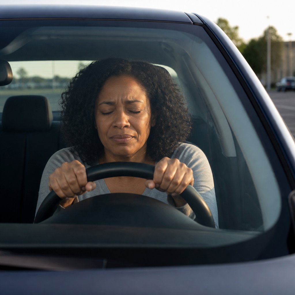 Woman sitting alone in parked car gripping steering wheel with eyes closed in distress