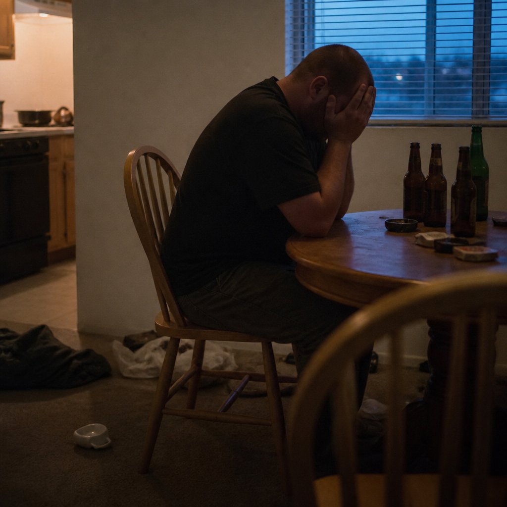 Man sitting alone at kitchen table with head in hands looking defeated