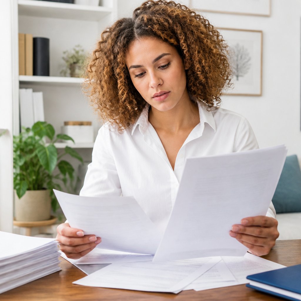 Woman reviewing medical protocol papers at home desk