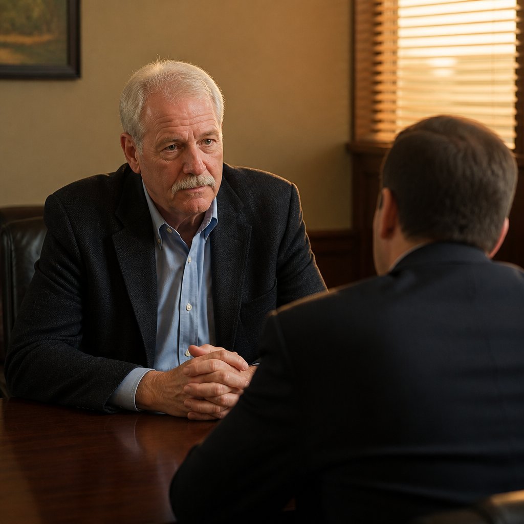 Man consulting lawyer in small office discussing legal options