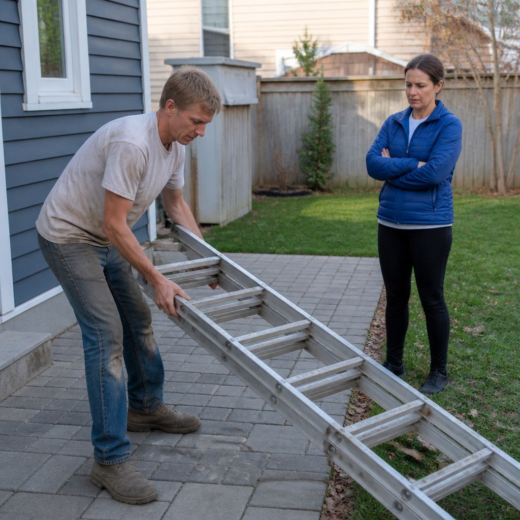 Contractor setting ladder on homeowner’s pavers as she looks on worriedly