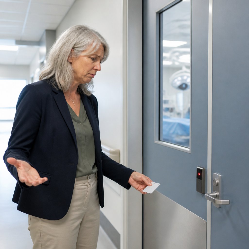 Woman blocked from OR by badge access denial, looking frustrated in hospital corridor.