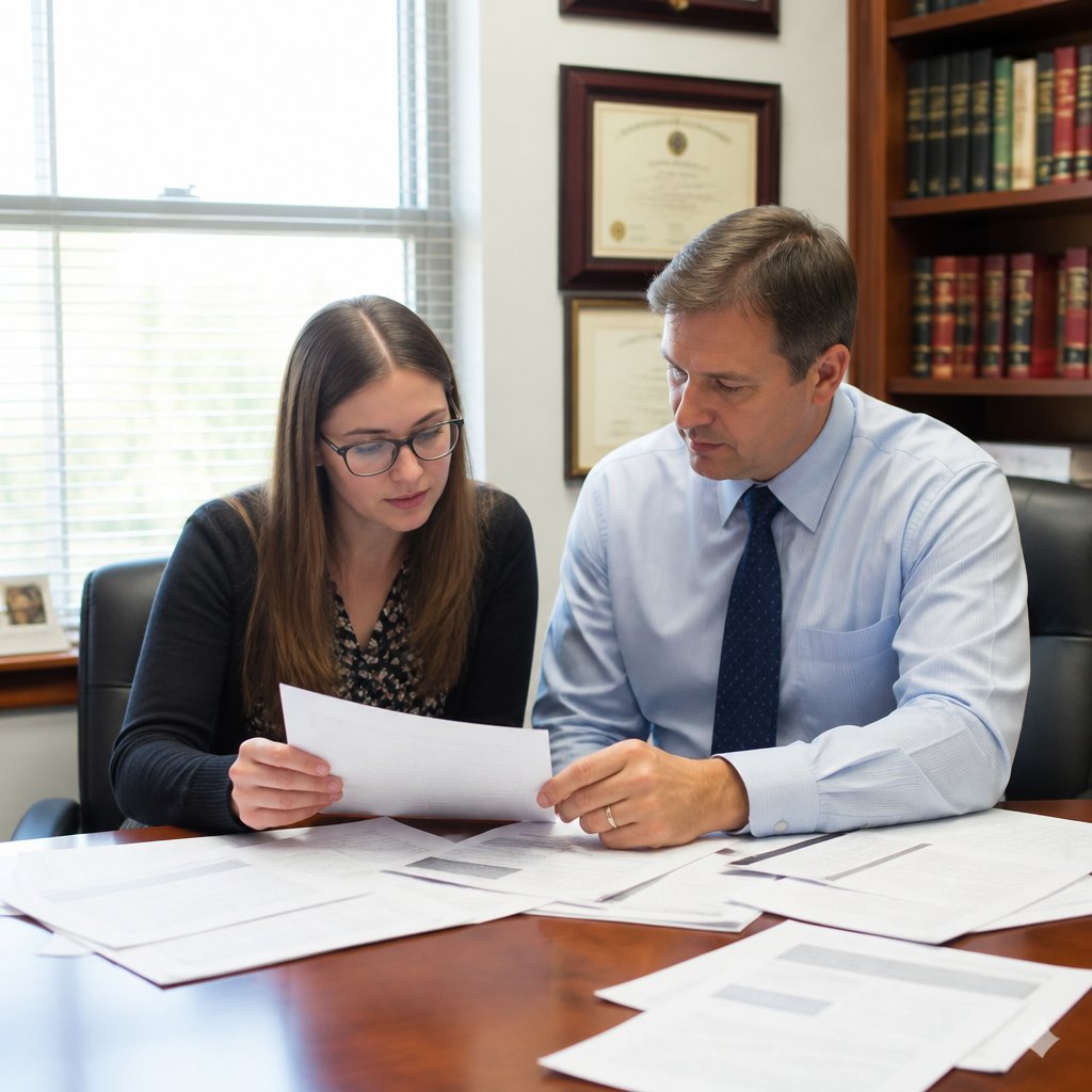 Woman and attorney studying lab internal documents at conference table.