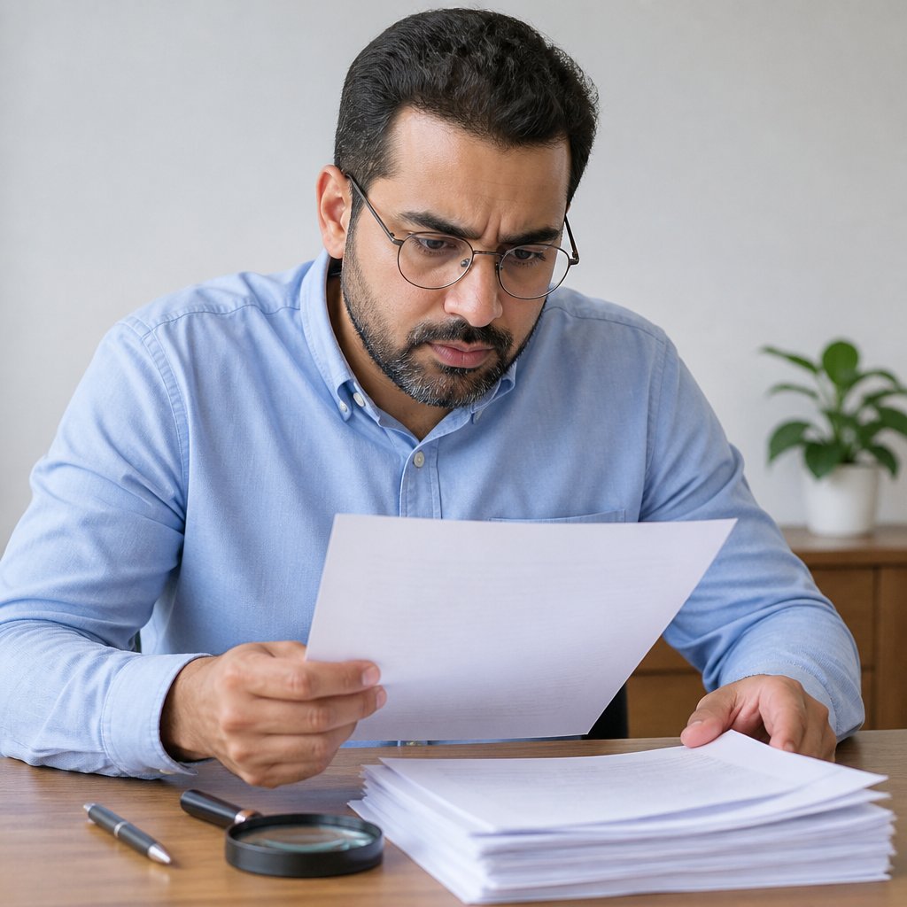 Man scrutinizing suspicious document signature in home study.