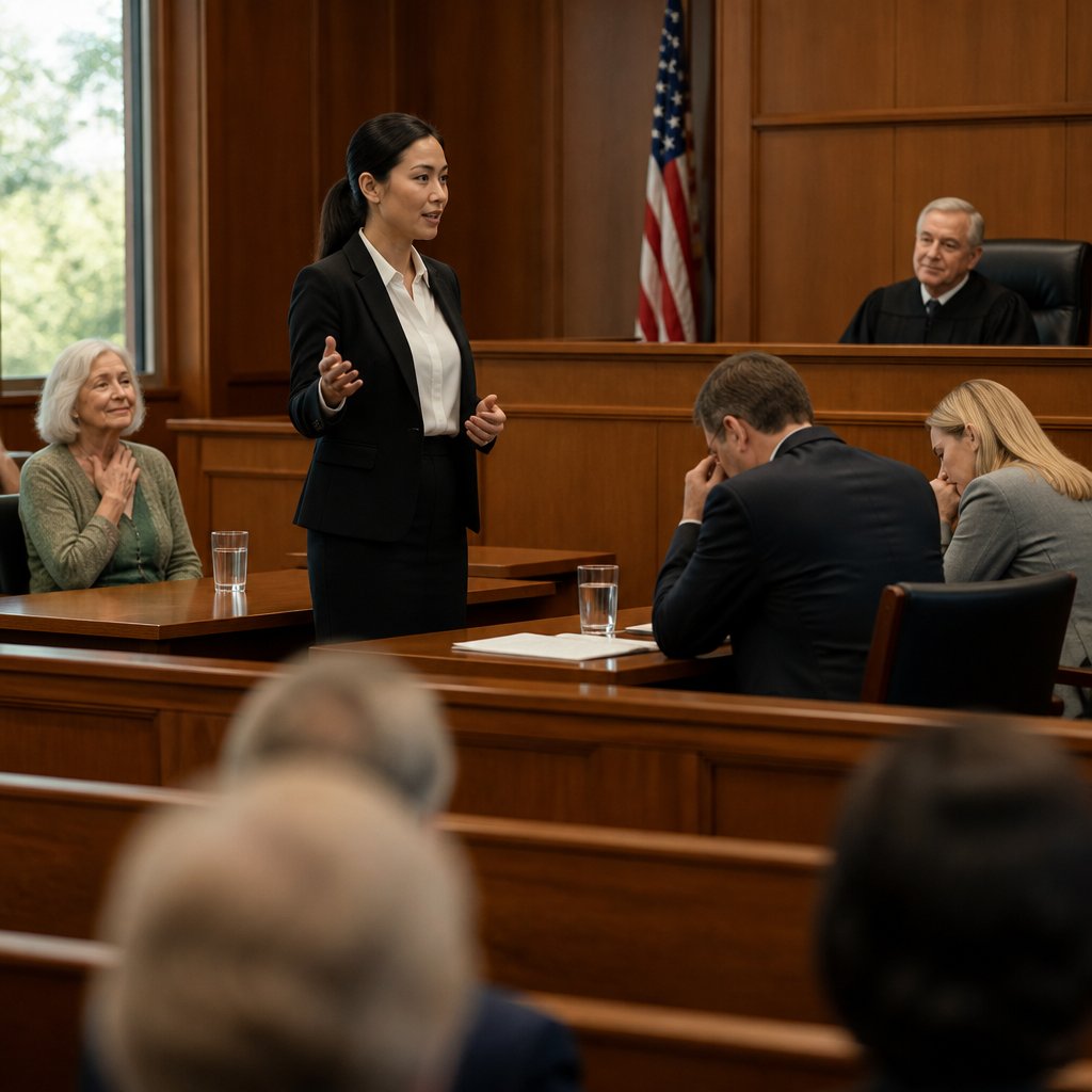 Attorney making fee motion while grateful elderly client tears up behind her