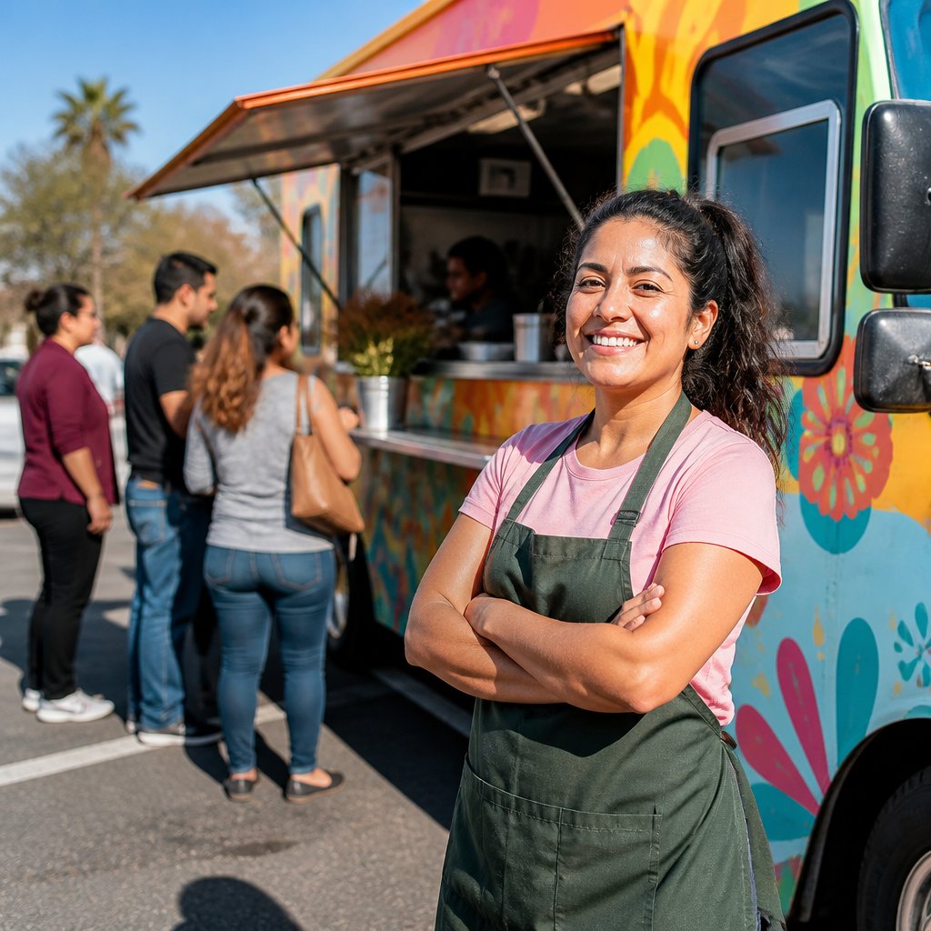 Woman standing proudly beside her own food truck with customers lined up on a sunny day