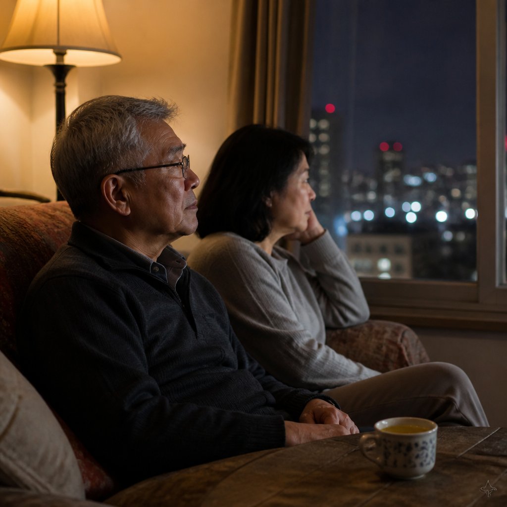 Man and woman sit quietly in dim apartment looking out window at night
