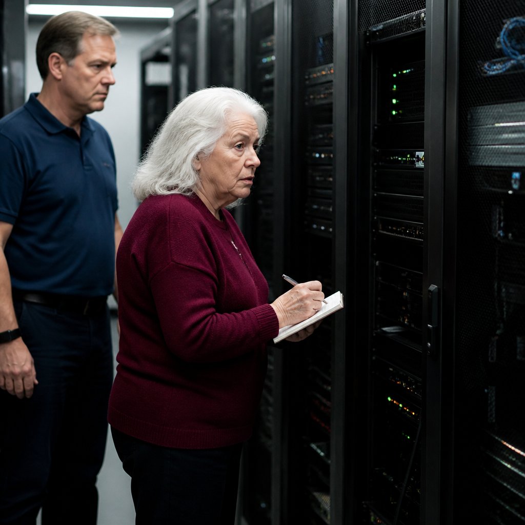 Older woman in server room confronted by IT technician to stop accessing data archive