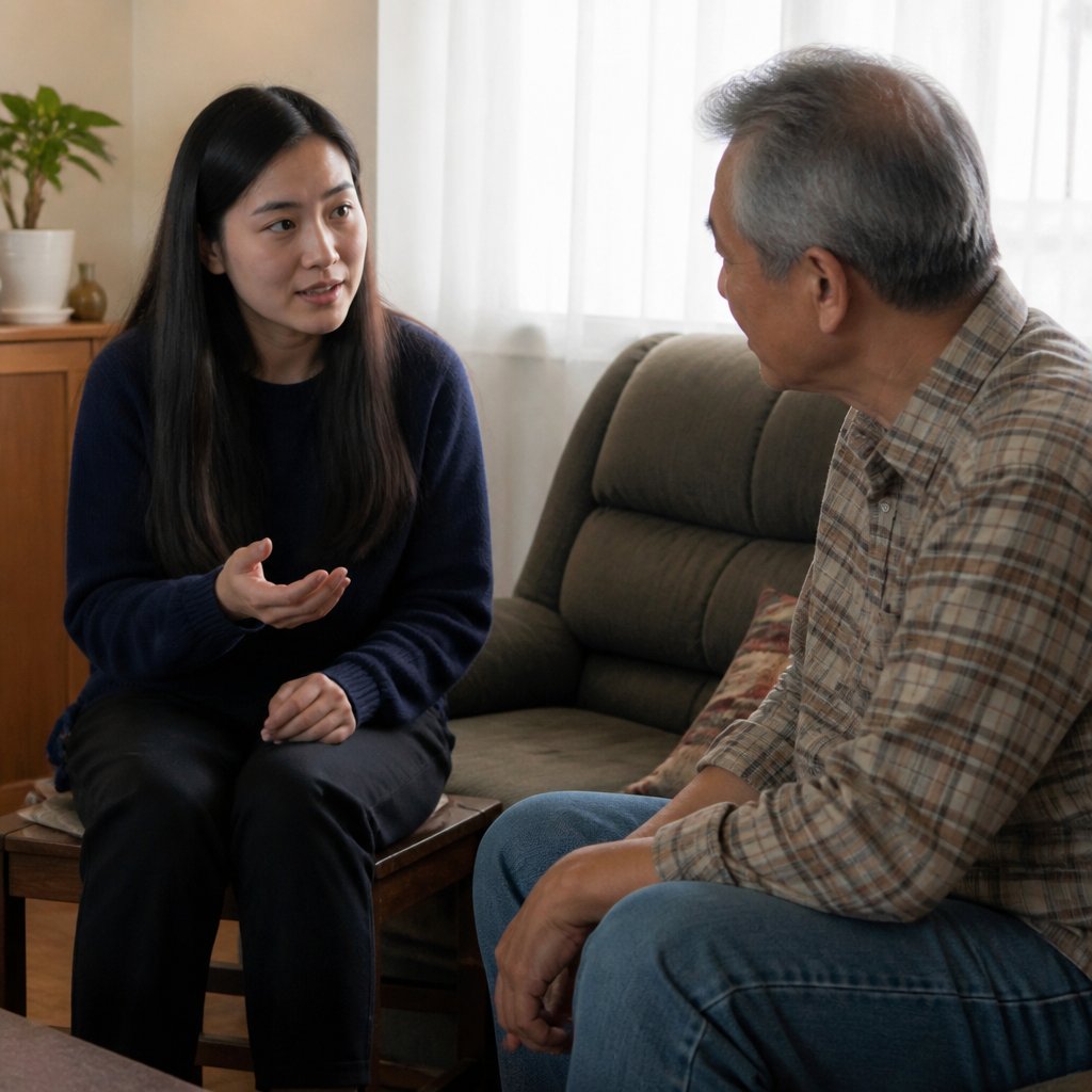 Woman interviewing prior owner in living room, both serious and engaged