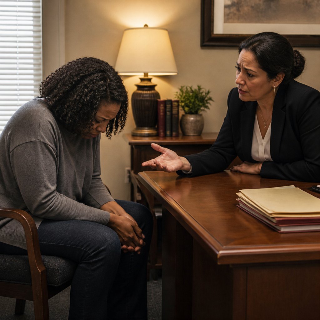 Exhausted woman hunched in lawyer's office while attorney offers reassurance