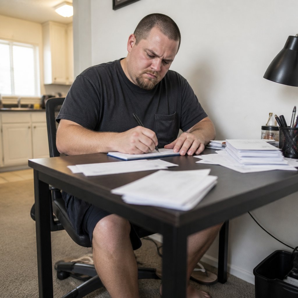 Man writing a payment check at his desk with a bitter, resigned expression