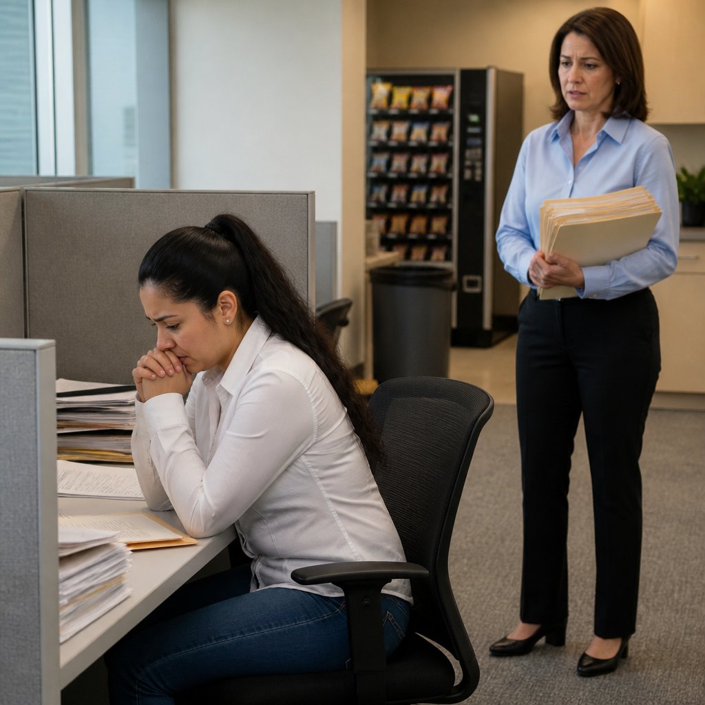 Latina woman at office desk with HR standing nearby holding a folder in a break room