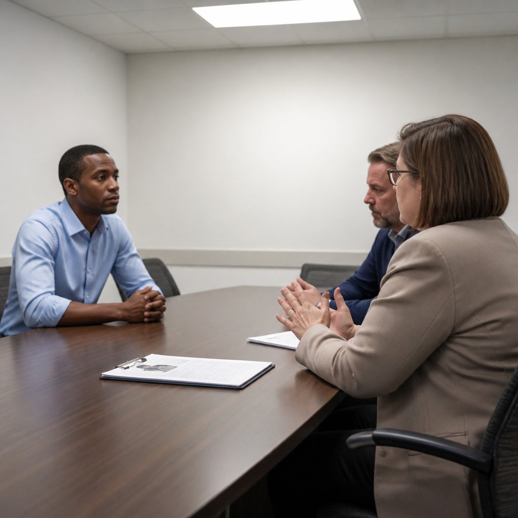 Man in blue shirt seated tensely at hospital conference table with legal representatives.