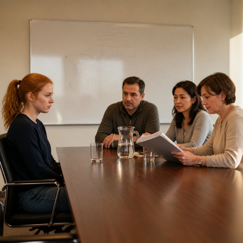 A red-haired woman in business casual sits tensely across from HR staff holding documents in a bland corporate meeting room.