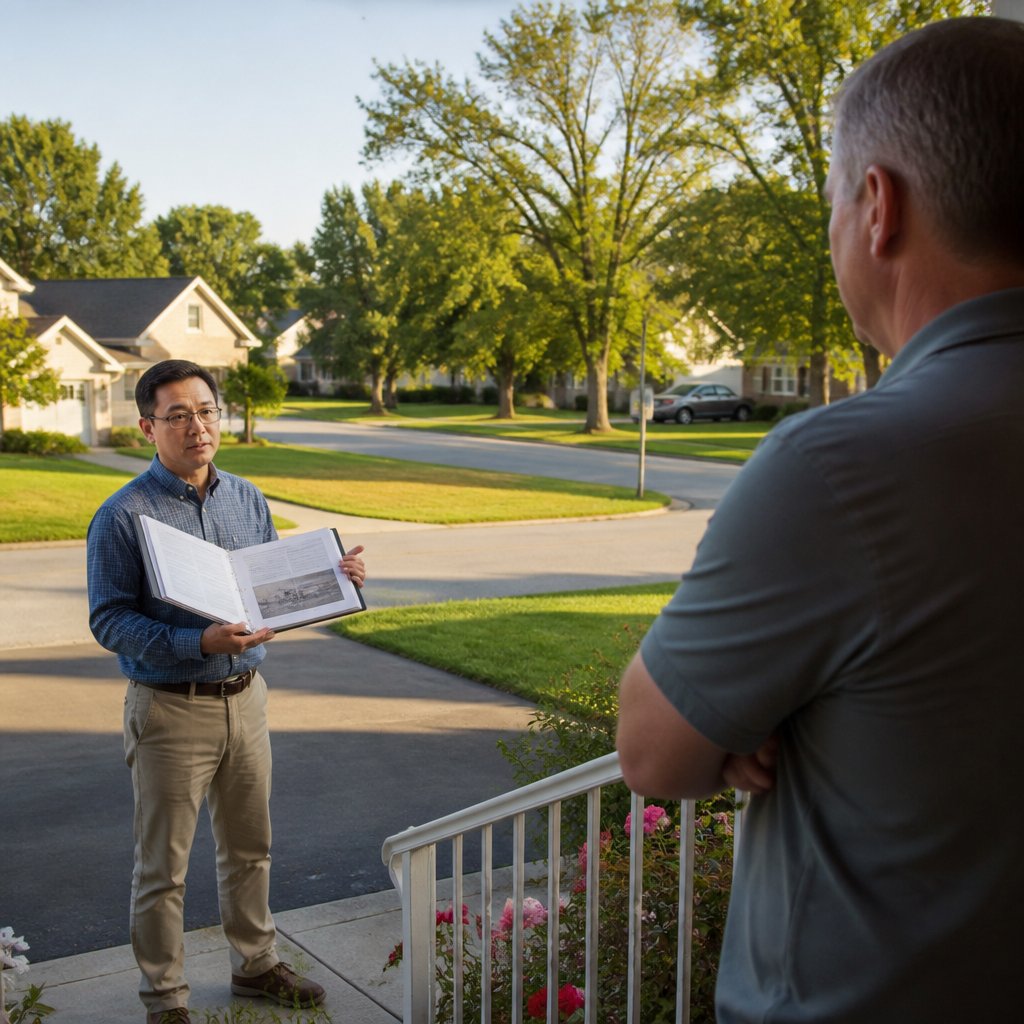 Man showing a technical report to a neighbor on a suburban street during late afternoon.