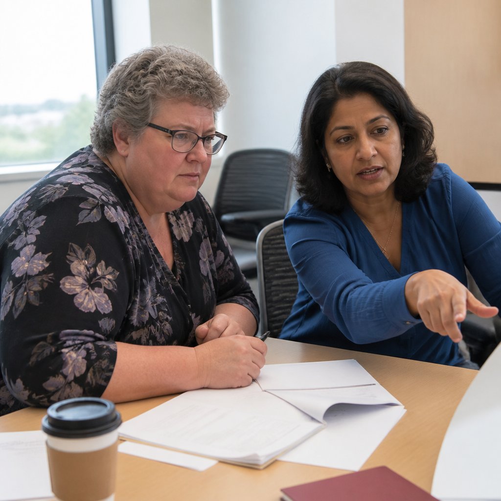 Woman with gray perm and glasses listening intently to an informatics expert in a hospital conference room.