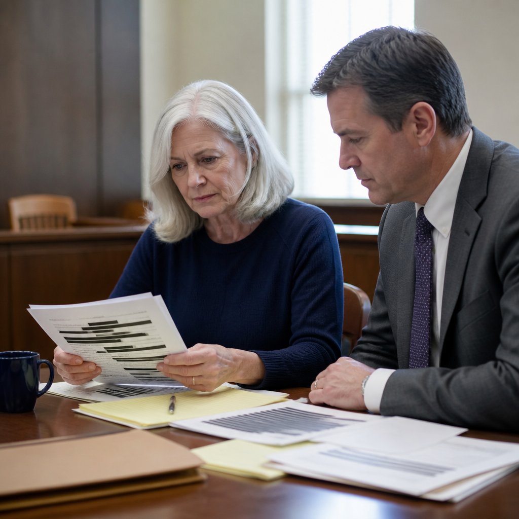 Woman and lawyer reviewing redacted legal documents in a courtroom meeting room.