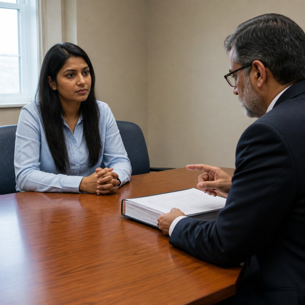 South Asian woman and neutral arborist discussing a report in a courthouse conference room.