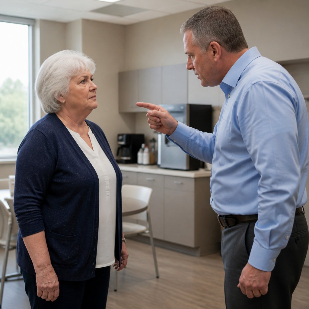 Older white woman listens intently to a stern middle-aged man in a hospital break room.