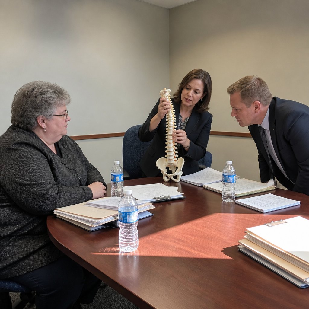 Woman in glasses listening intently as an expert demonstrates spinal compression with a spine model during a legal deposition.