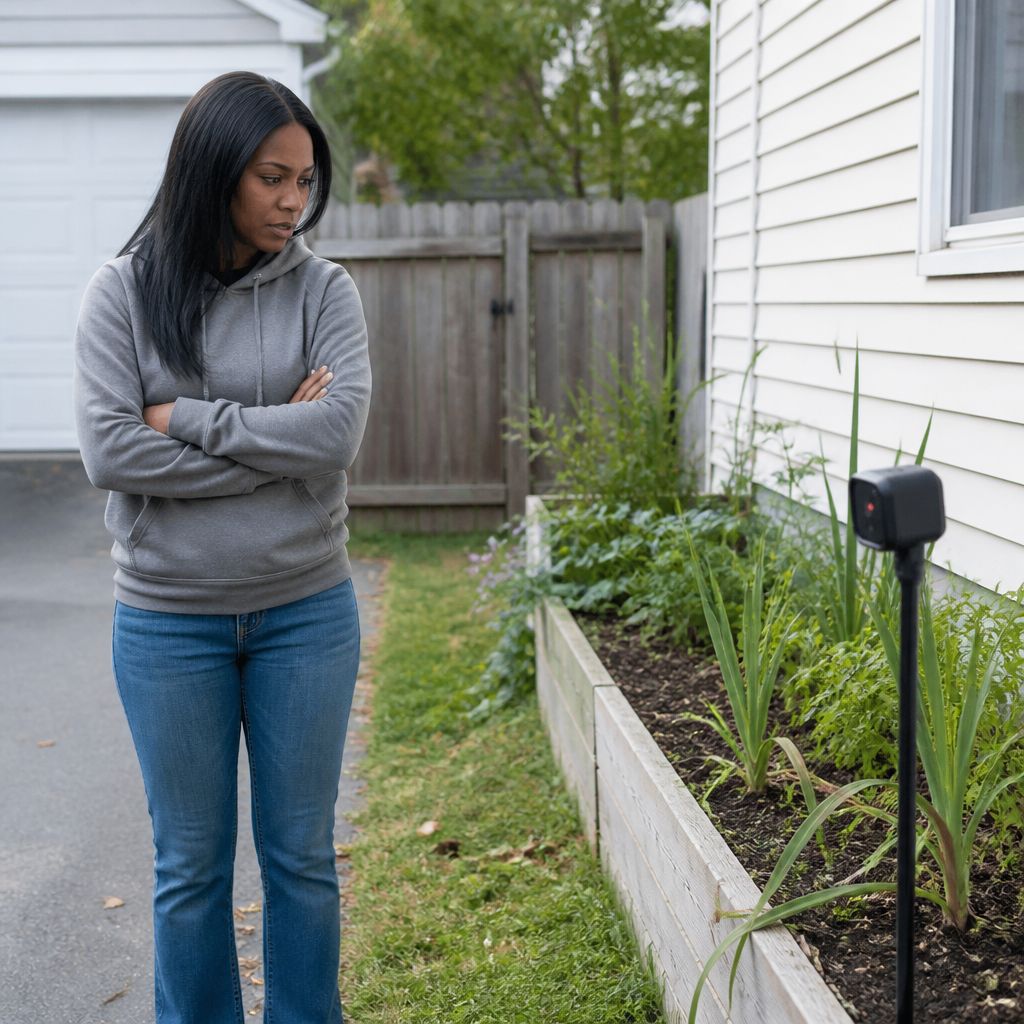 Woman watches a motion-activated security camera blinking red near a raised garden bed beside her house.
