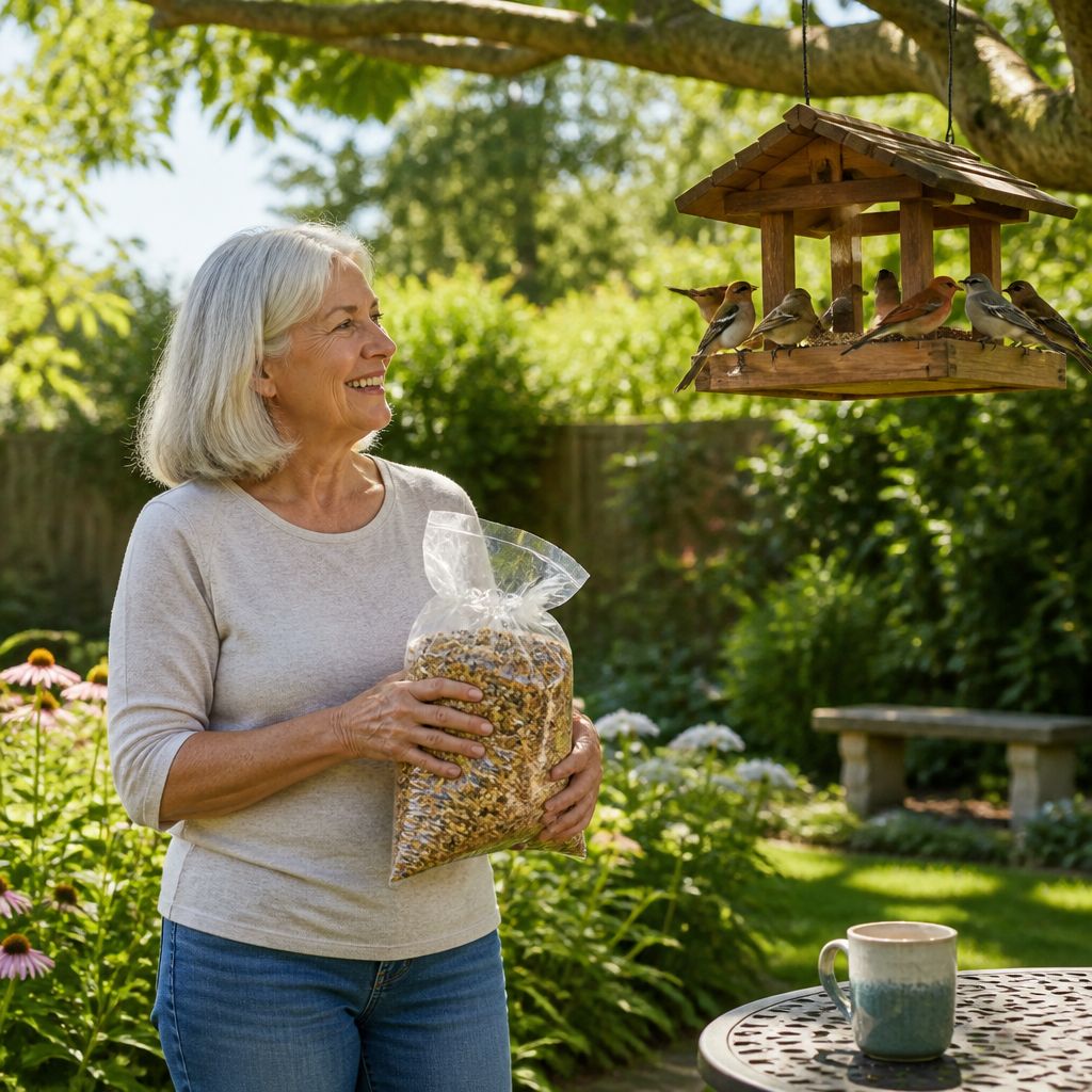 Woman smiling at her bird feeder full of birds in her sunny backyard, peaceful and victorious