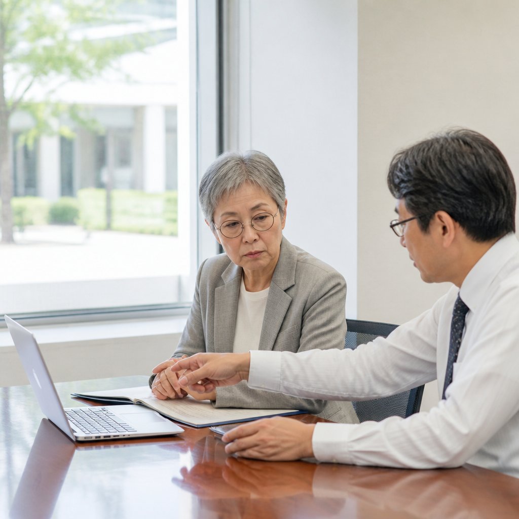 Older East Asian woman in hospital meeting room listening to man pointing at laptop during discussion.