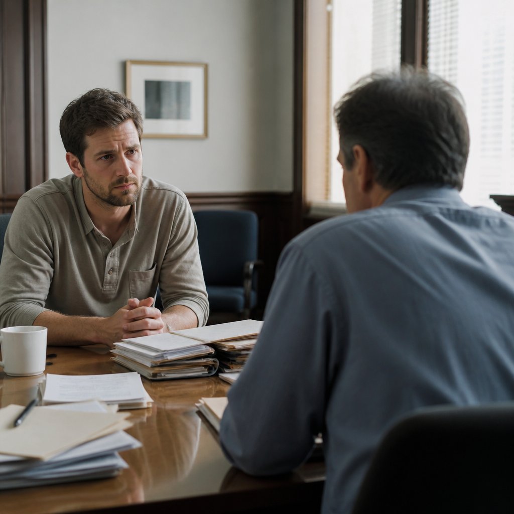 Derek across from a contractor looking nervous during a deposition in a small office.