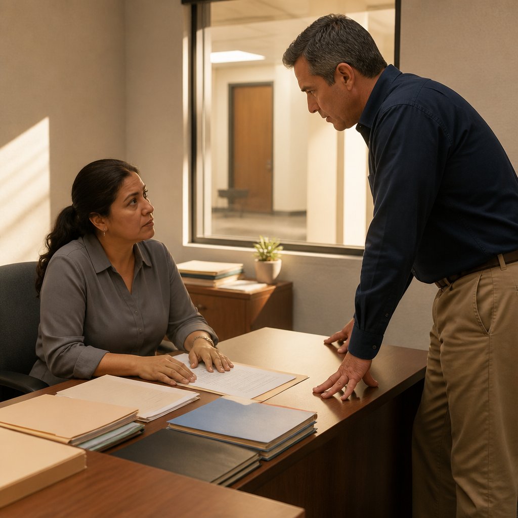 Mid-40s Latino man in navy shirt talking seriously with a Latina HR woman in an office.